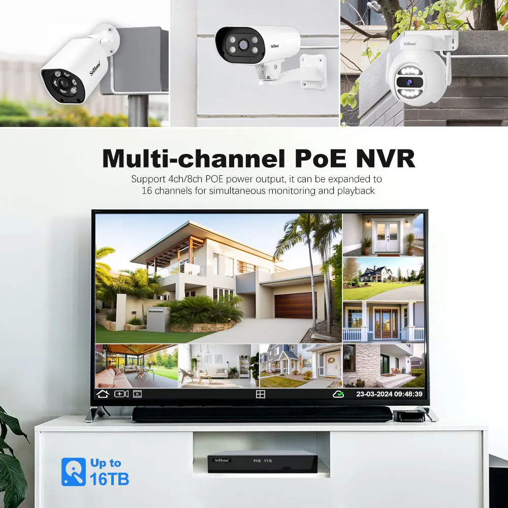 Srihome 4K 8CH POE NVR (1080p/3MP/4MP/5MP/4K) POE Network Video Recorder Surveillance PoE NVR 4/8Channel For On-vif IP HD Camera