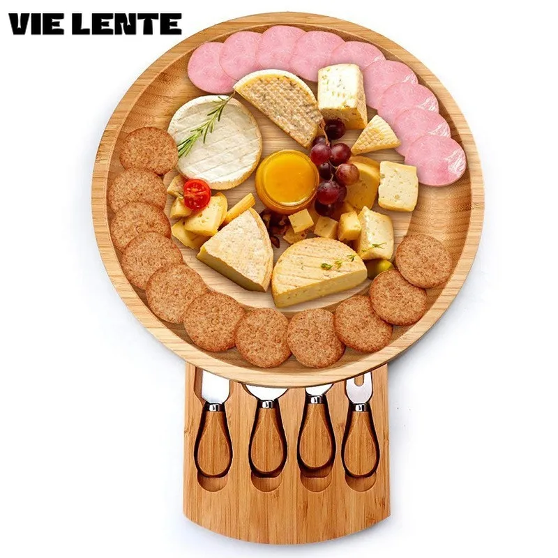 Bamboo Cheese Board Set With Cheese Knife Portable Outdoor Dinner Plates Hotel Restaurant Decoration Accessories Bread Tray set