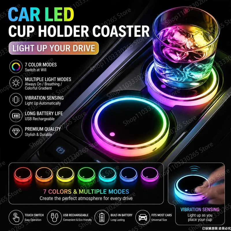 LED Car Cup Holder Lights, 7 Color Sensing USB Rechargeable Coaster, Waterproof Auto Interior Atmosphere Lamp