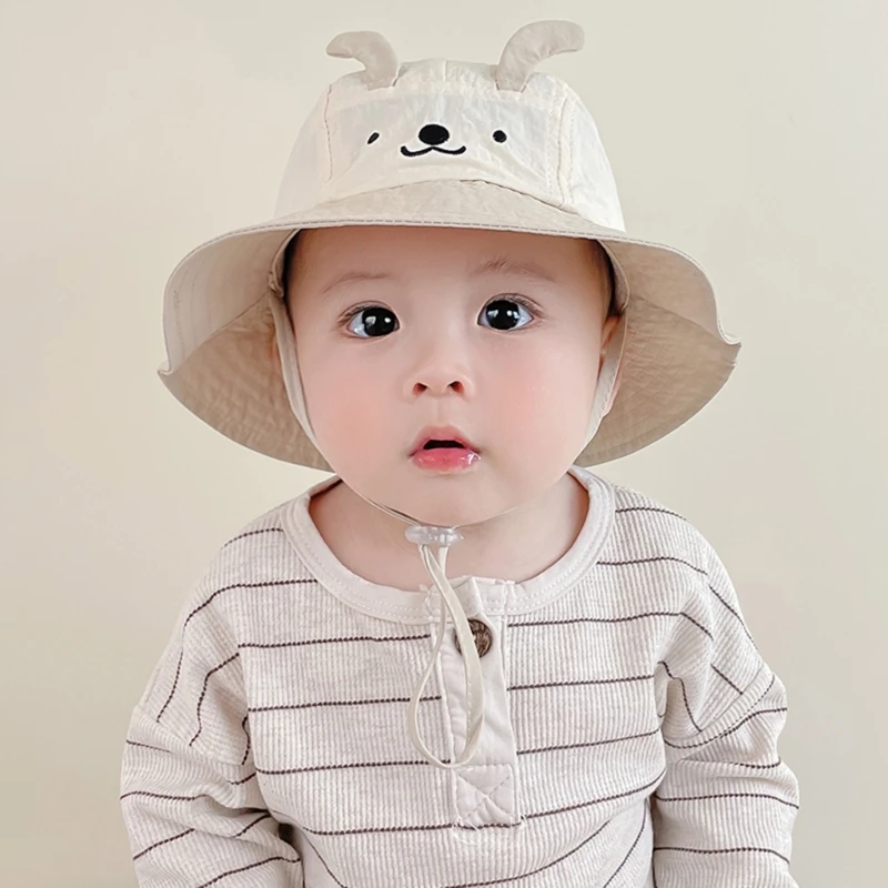 F1CB Bear Baby Bucket Hat Short Brim Fishmen Hat Adjust Chin Belt Spring Summer Sun Protections Caps for Infants