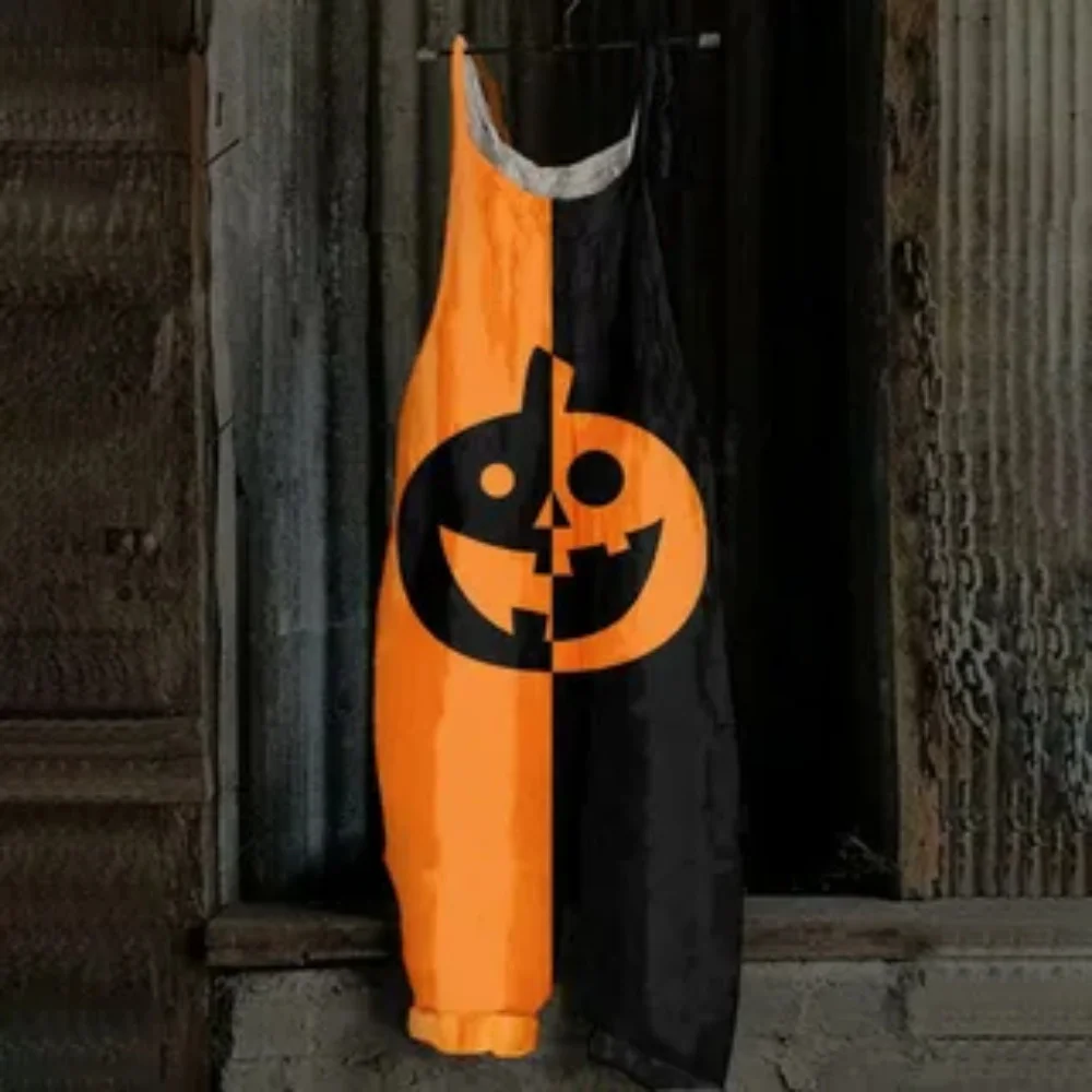 

Summer 2025 women's jumpsuit, 3D pumpkin two-tone printed fashionable, cute and mischievous jumpsuit, adjustable shoulder straps