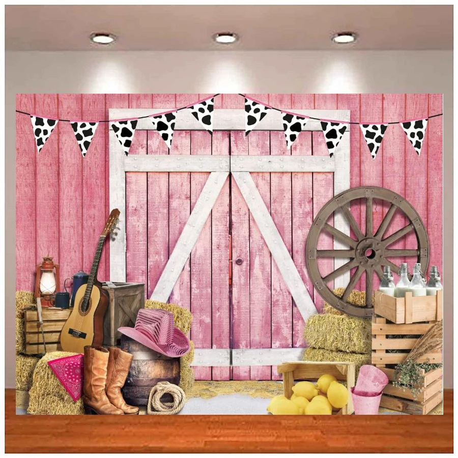 

Photography Backdrop Western Cowboy Pink Barn For Wild West Wooden House Barn Door Cowgirl Baby Shower Birthday Party Decor