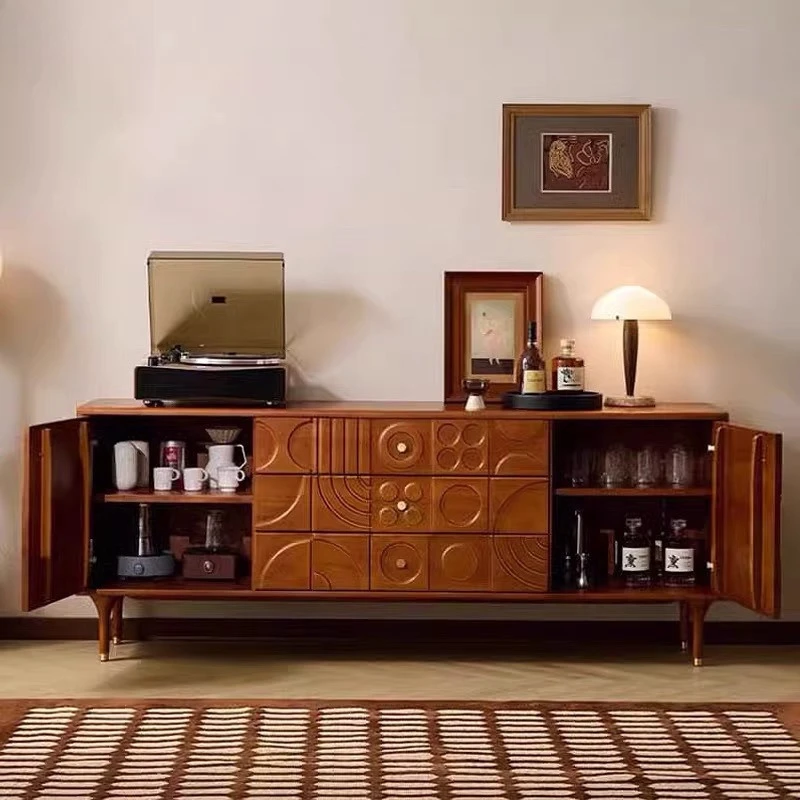 Japanischer mittelalterlicher geschnitzter TV-Schrank aus massivem Holz, Esszimmerseite, mittelalterlicher Brustschrank, Eingang, Weinschrank, Schubladenaufbewahrung, Wohnen