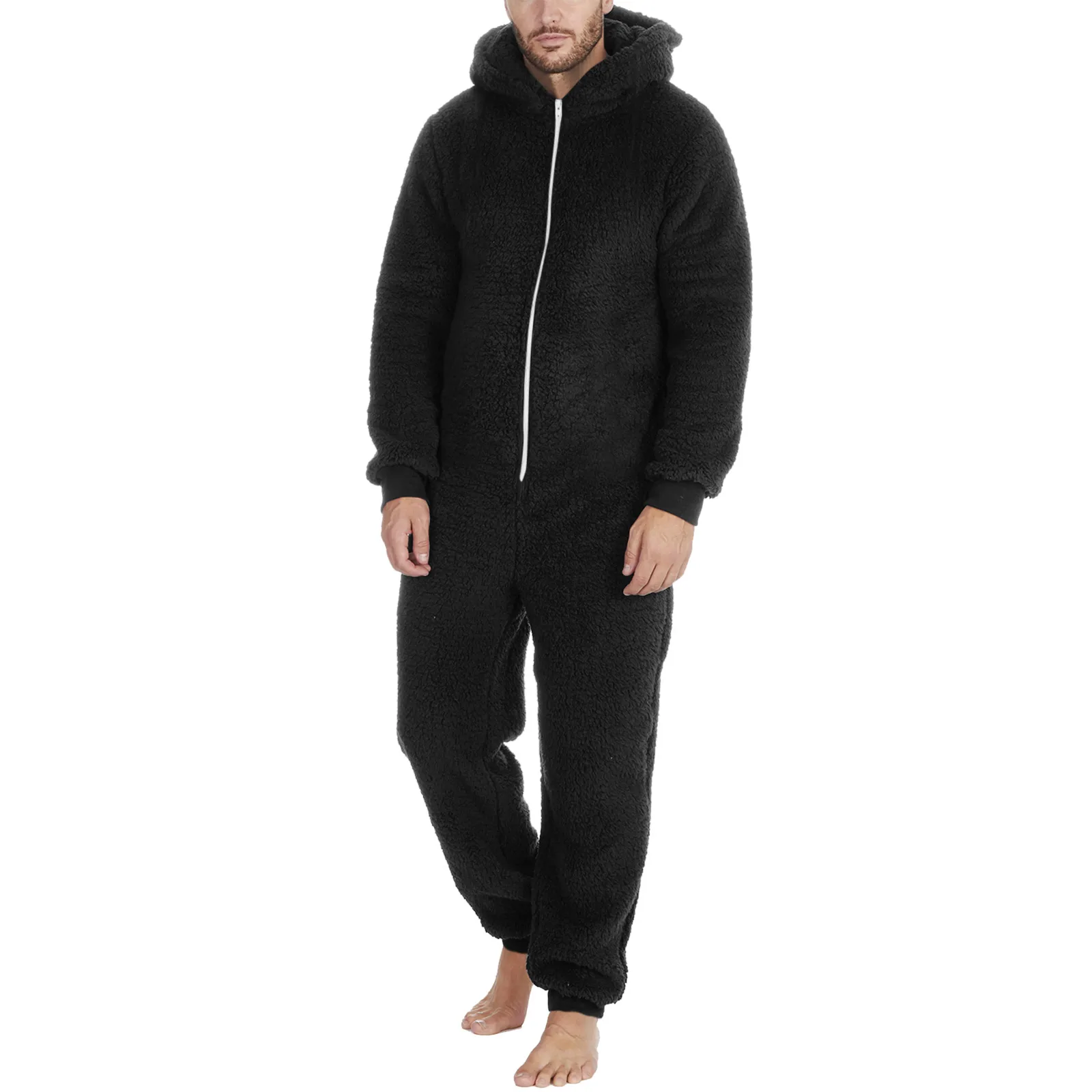 Macacão felpudo com capuz, macacão solto, macacão de lã, pijama de cor sólida, Onie casual com zíper, aquecimento, inverno