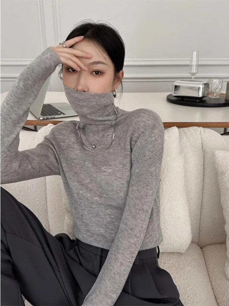 

Women's High Collar Long Sve Knitted Sweater Slim Fit Base Layer irt Autumn Winter Color Versatile Inner Wear Top