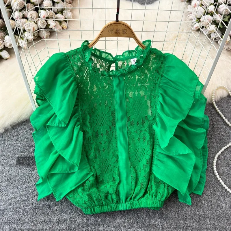 Neploe Fashion Elegant Stand Collar Lace Blouses Y2k Hollow Out Ruffles Shirts Women 2024 Spring New Long Sleeve Blusas Mujer