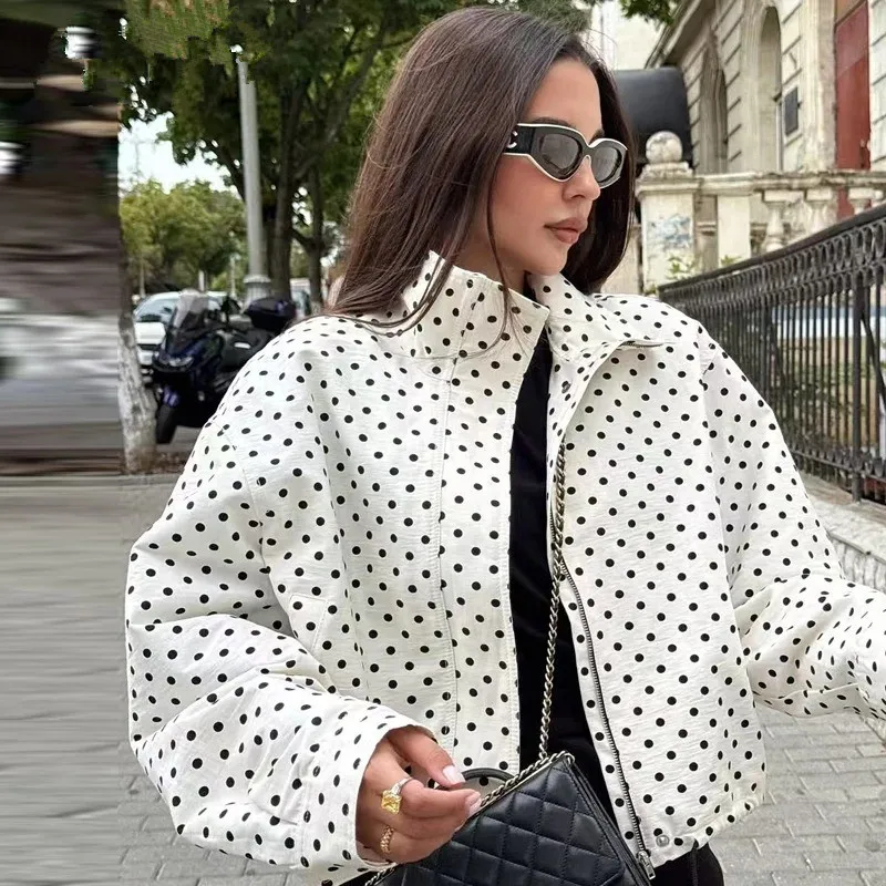 Ladies Polka Dot Bomber Jacket Women Demi-Season Oversized Top Outerwear Aviator Plus Size Zip Up Crop Coats Women Jacket Female