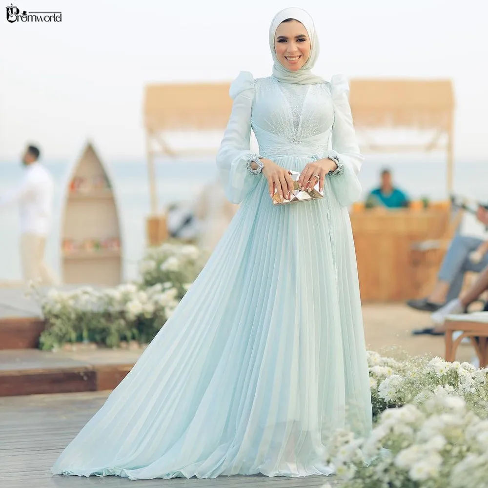 Beach Muslim Hijab Evening Dress A-Line Chiffon Long Sleeve Formal Occasion Dresses 2024 Dubai Arabic Robe De Soiree