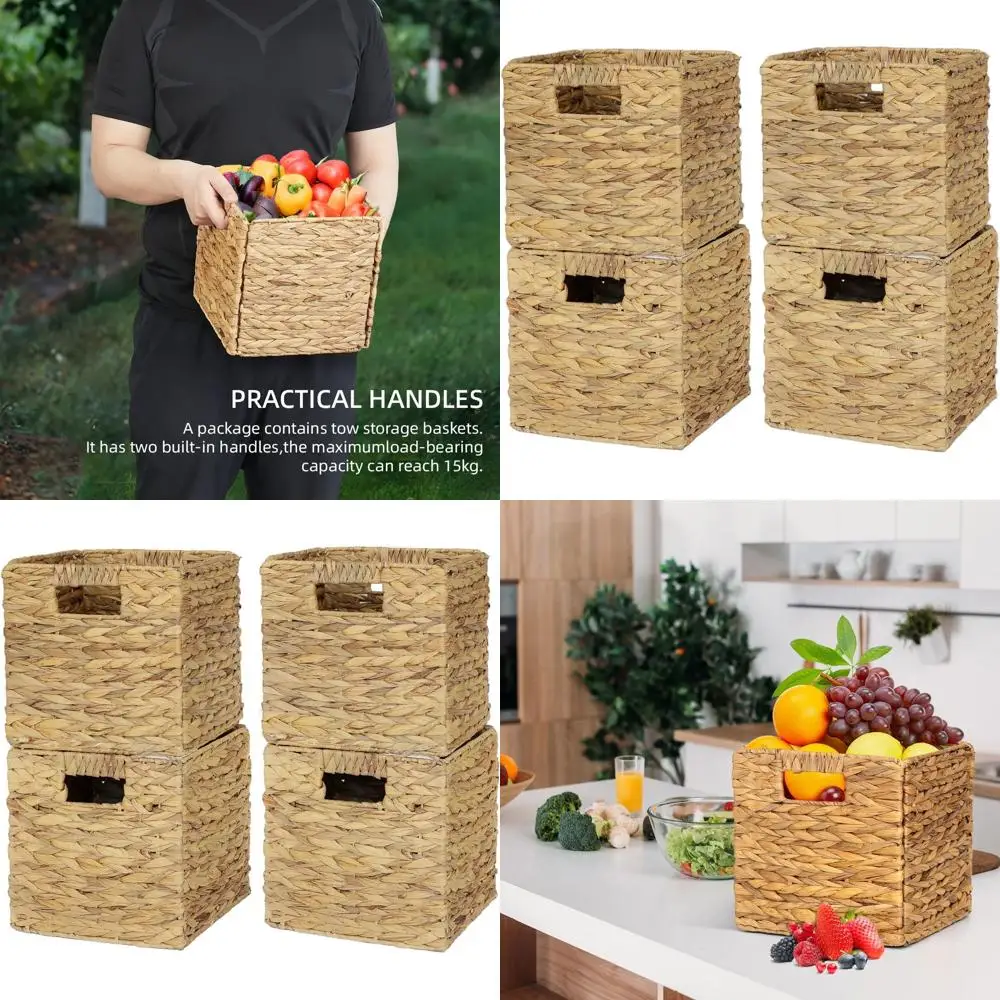 

Set of 4 Foldable Wicker Storage Cubes with Handles, Handwoven Natural Baskets for Shelves and Outdoor Use