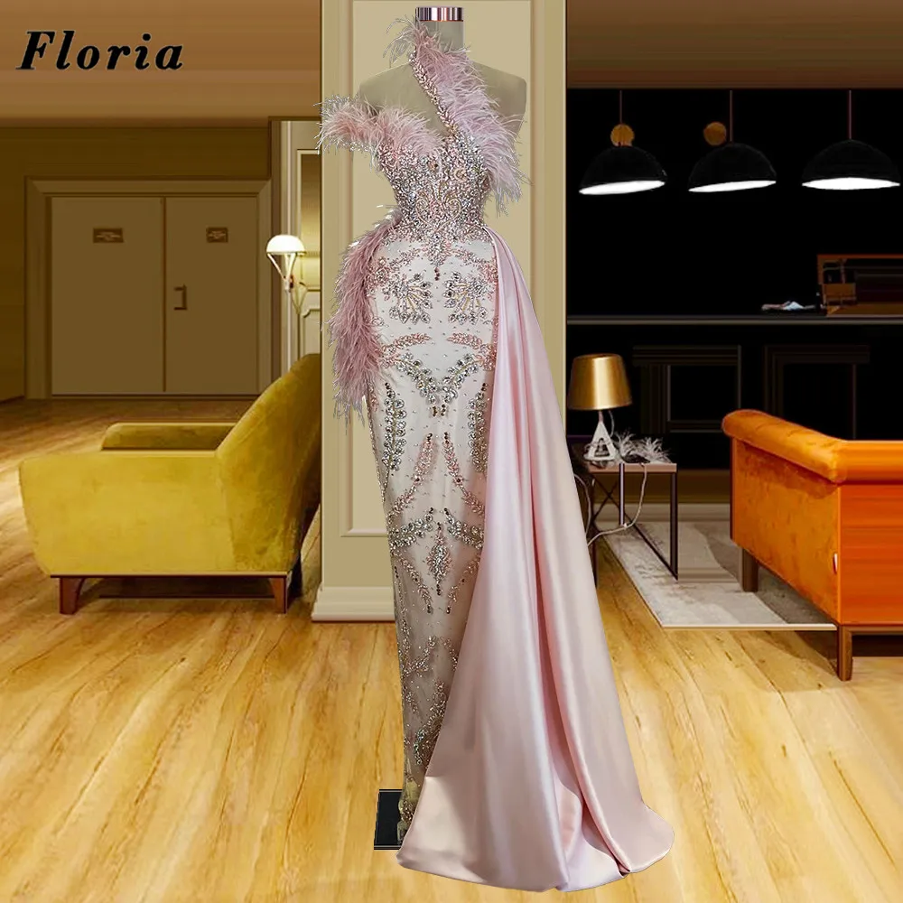 

Floria Newest Designed Mermaid Beaded Diamonds Celebrity Dresses For Women Pink Feathers Evening Dress Party Gowns Robes Du Soir