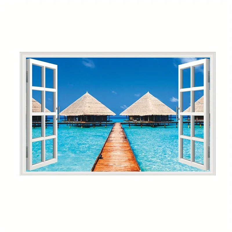 3D Natural Scenery Fake Window Stickers Sakura Tree Beach Building Wall Art Mural Decals Home Office Decoration Vinyl Wallpaper - Image 4