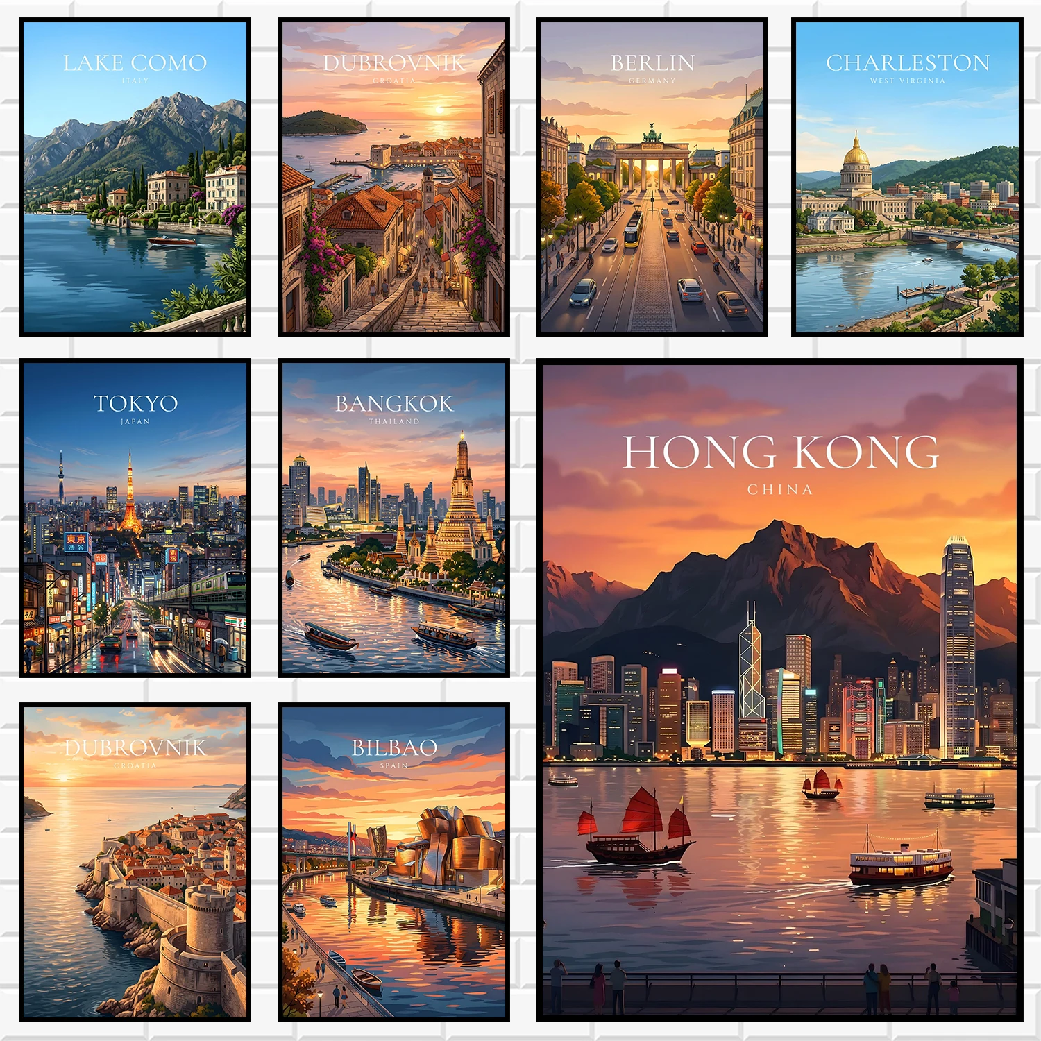 Retro World Travel Cityscape Canvas Painting Global Famous City Landmark Poster Wall Decor For Apartment Hotel Travel Lovers 