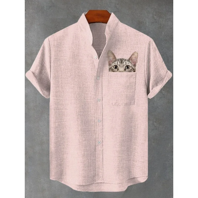 Divertido gato espreitando arte impressão bolso mistura de linho camisa verão camisas havaianas harajuku hip hop streetwear puro casual topos