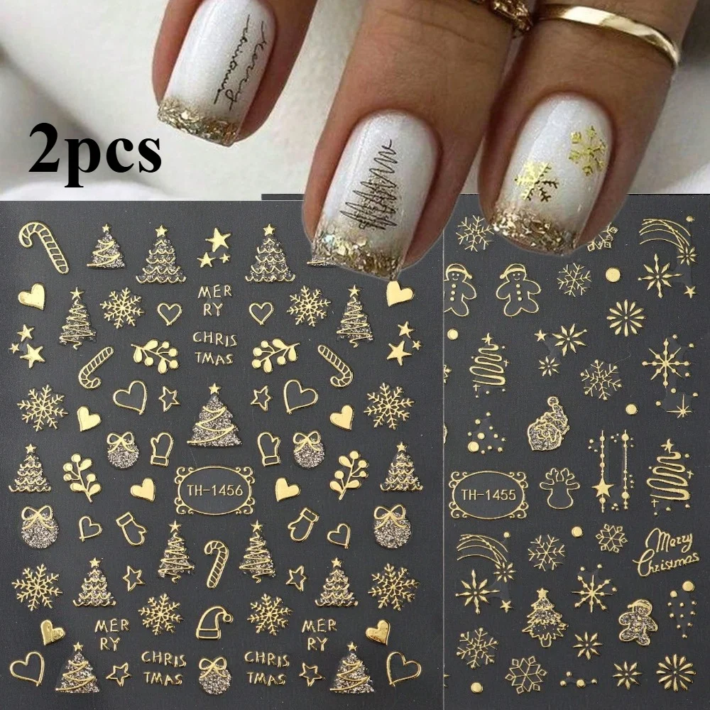 황금 눈송이, 크리스마스 트리, 순록 하트, DIY 휴일 네일 아트가 있는 크리스마스 및 새해 네일 스티커 2개