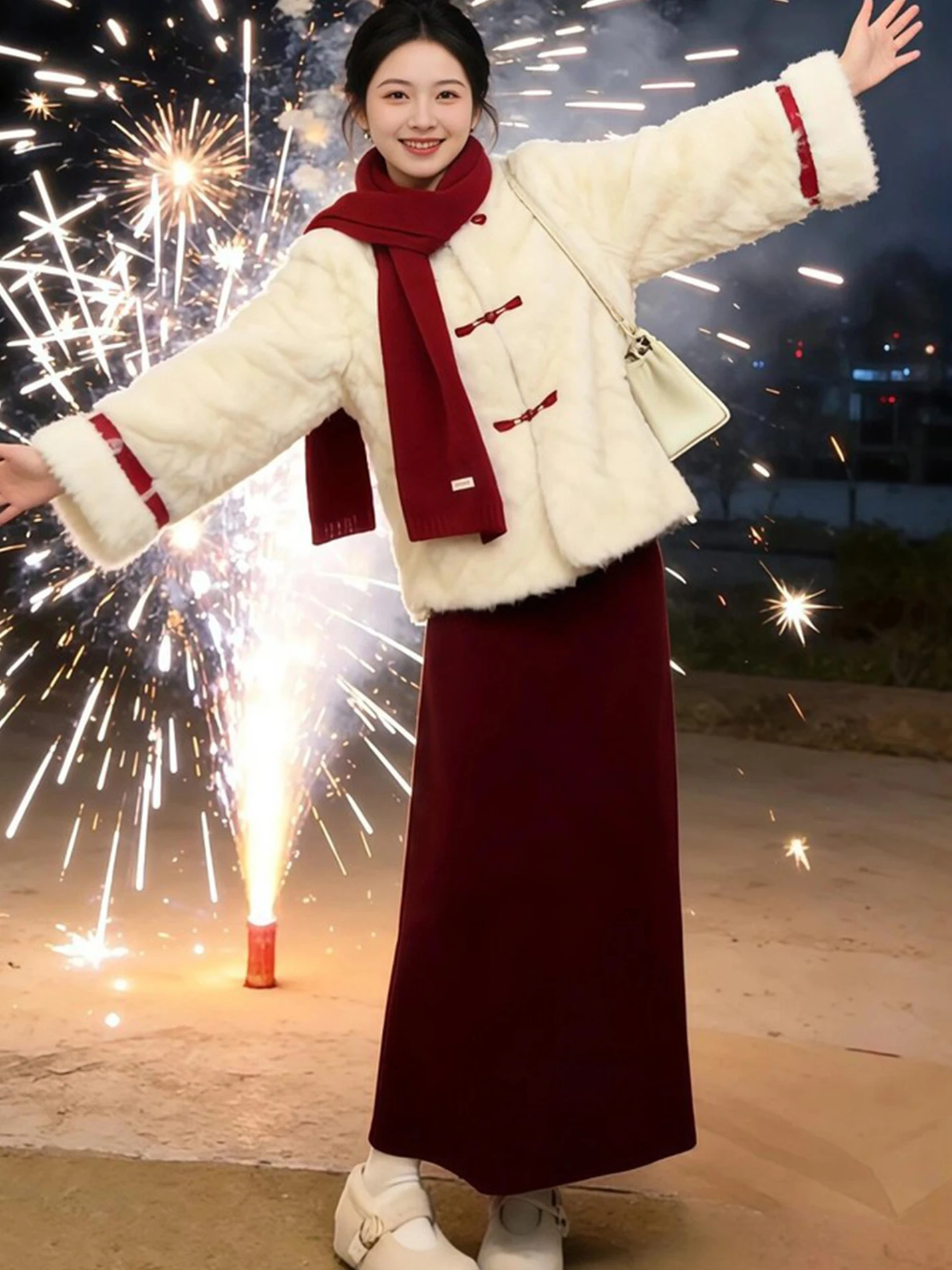 

Зимний модный комплект для девочек: плюшевая верхняя одежда, красная юбка на Новый год, повседневная теплая бархатная юбка с высокой талией