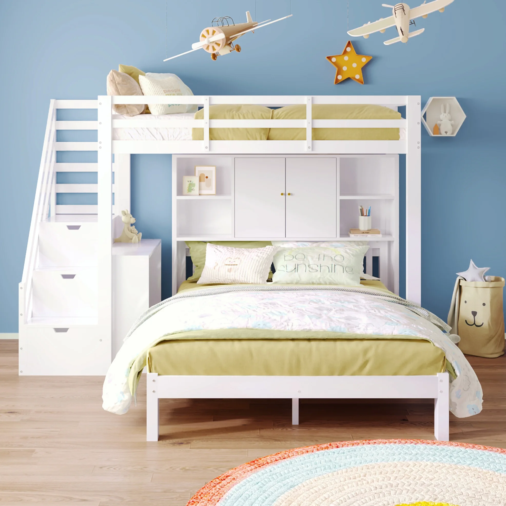 Stapelbed met opbergplanken en verplaatsbare zijtafel, 90x200cm boven + 140x200cm onder, massief hout en MDF, wit