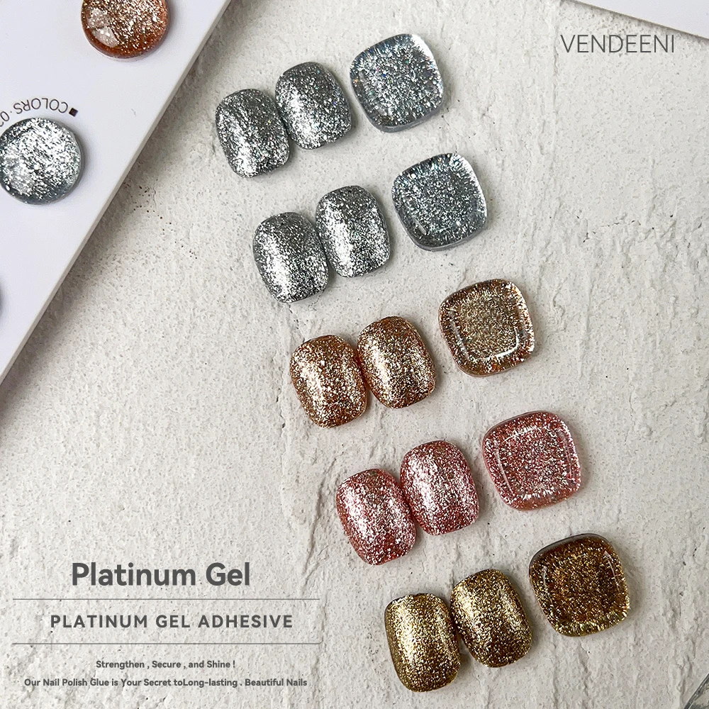 Vendeeni 5 Colors/Set Glitter Platinum Gel Nail Polish Champagne Rose Gold Silver Flash UV LED Soak Off Gel Varnish With Display