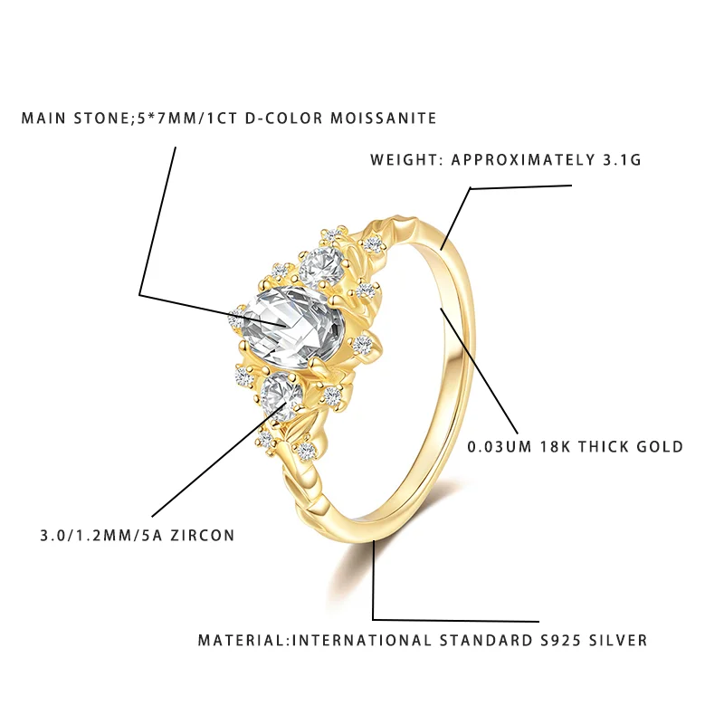 

1CT D-Color Moissanite Women Ring: S925 Silver Base 0.03UM 18K Gold Plated with 3.0/1.2MM Zircon Romantic Gift Accessory