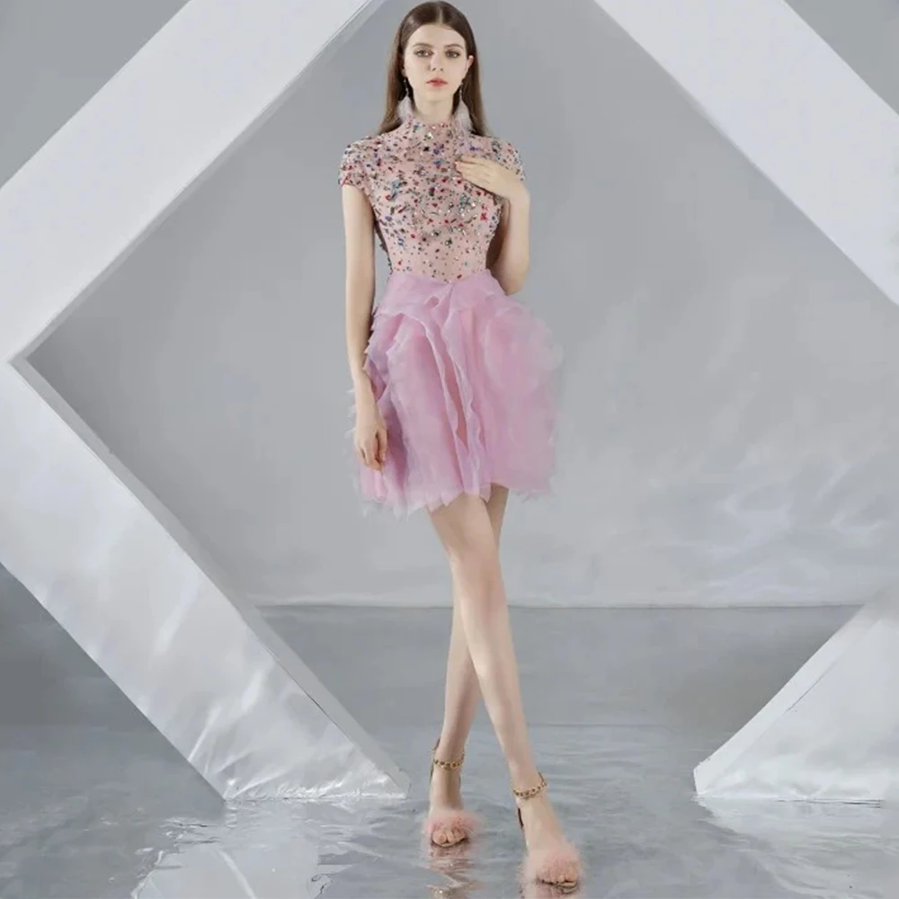 

Charming Organza Short Cocktail Dress High Neck Cap Sleeve with Crystal Customized Above Knee Ruffles Women Party Gown New