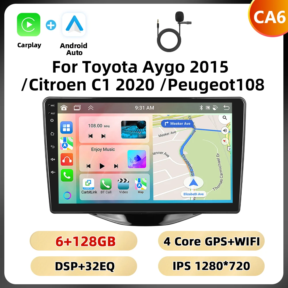 Podofo 8Core 2Din Autoradio Voor Toyota Aygo 2015/Citroen C1 2020/Peugeot 108 Multimedia Speler navigatie WIFI 4G Carplay DSP