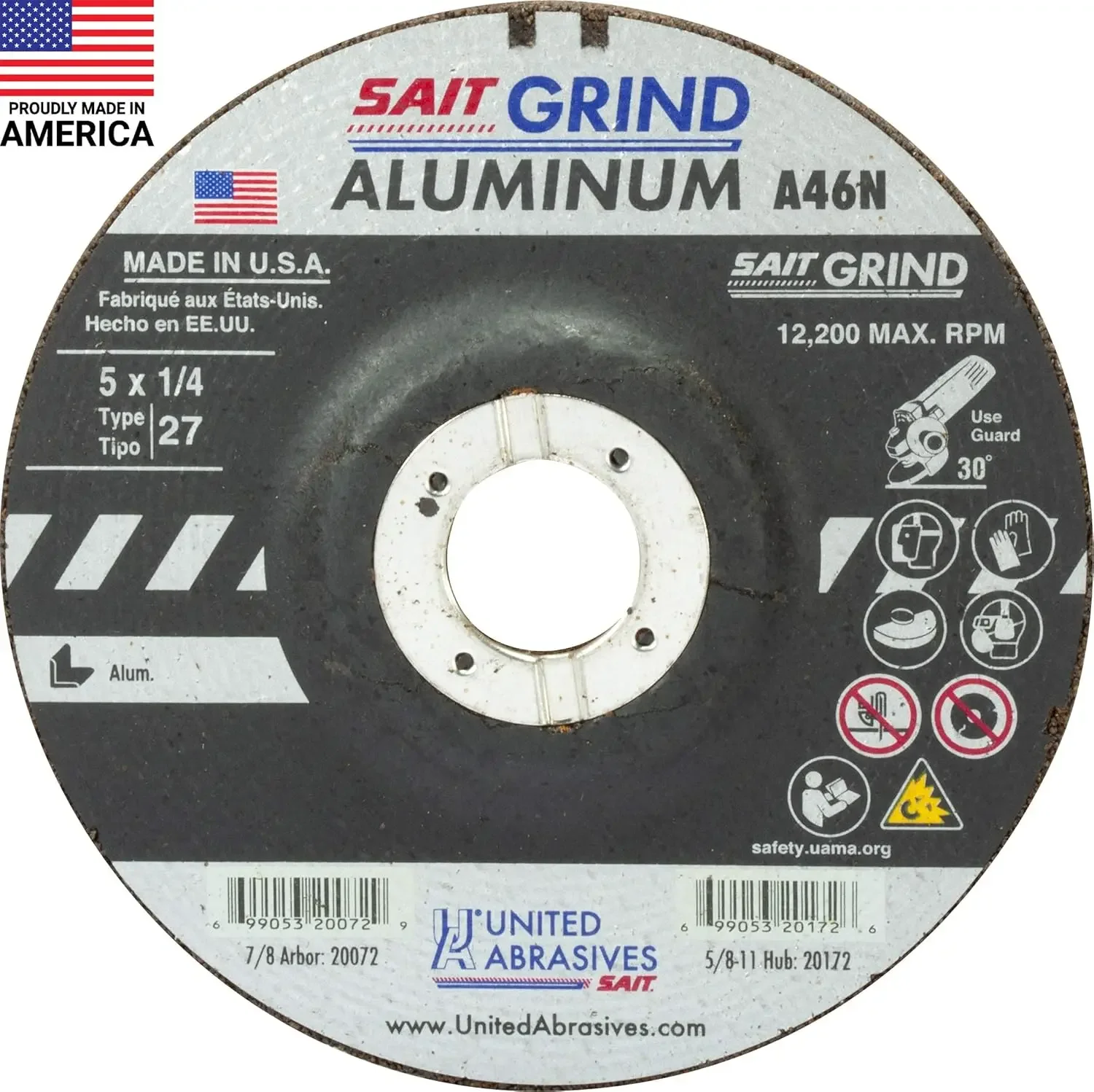 Abrasives-SAIT 20072 A46N Aluminum Grinding Wheel (Type 27/Depressed Center) 5" x 1/4" x 7/8", 25-Pack