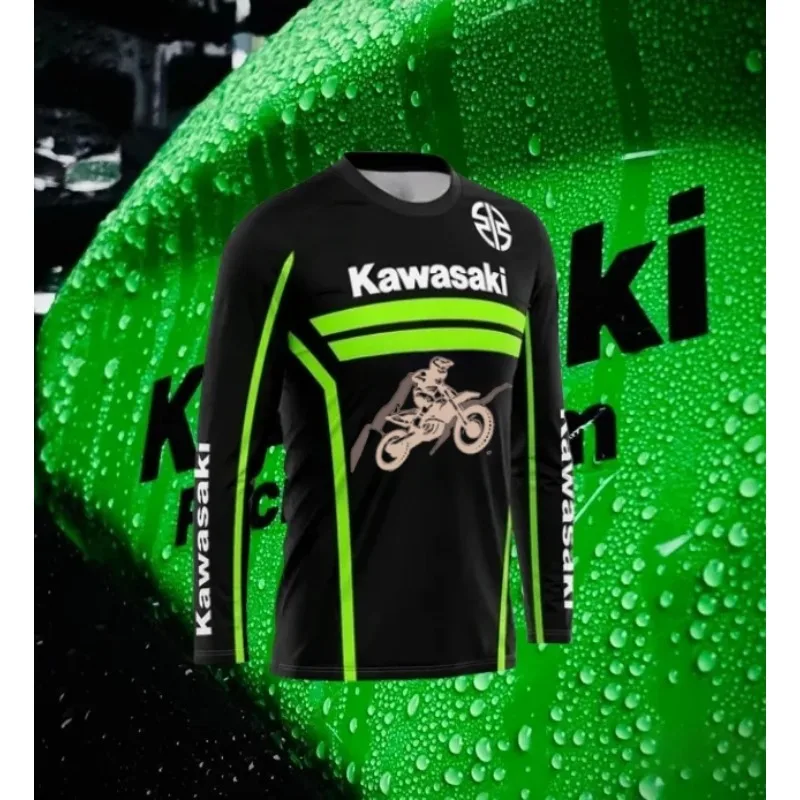 

Kawasaki Racing Team Off Road Sports Long Sleeve Shirt, 3D Printed Pattern Off Road Motorcycle Top, Men's Fast Drying Breathable