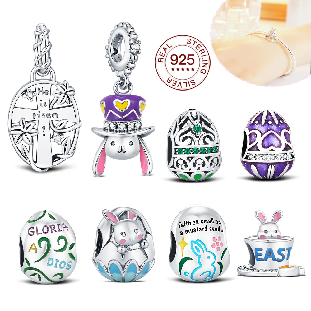 Neue Original 925 Sterling Silber Oster-Charms Perlen Osterei Bunte Anhänger für Frauen Feiner DIY Geburtstagsschmuck Geschenke