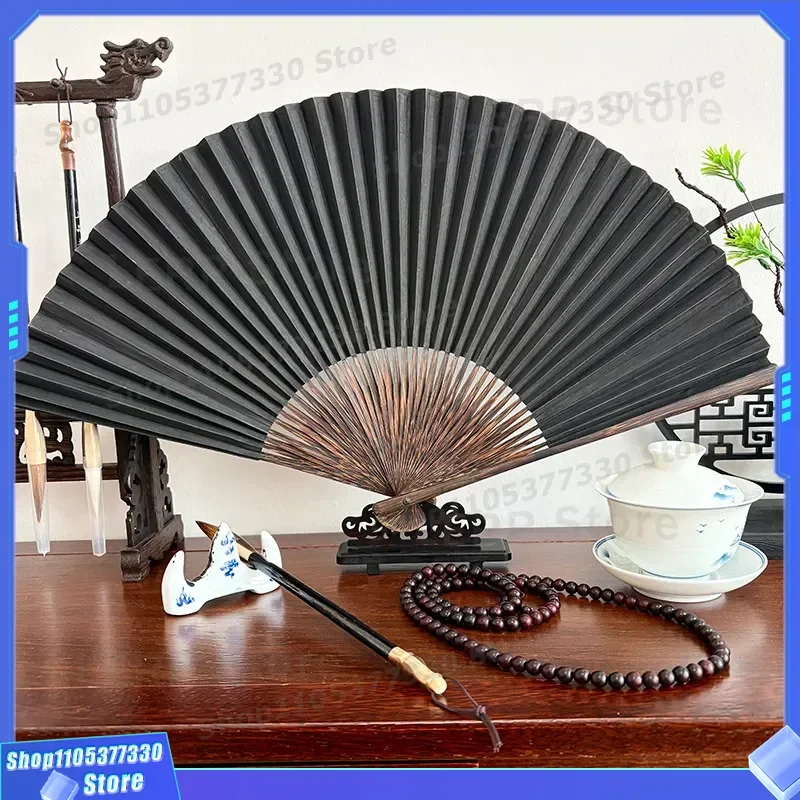 Wholesale Hangzhou Black Paper Folding Fan Brown Bamboo Frame Intangible Cultural Heritage Gift Custom Craft All Black Design