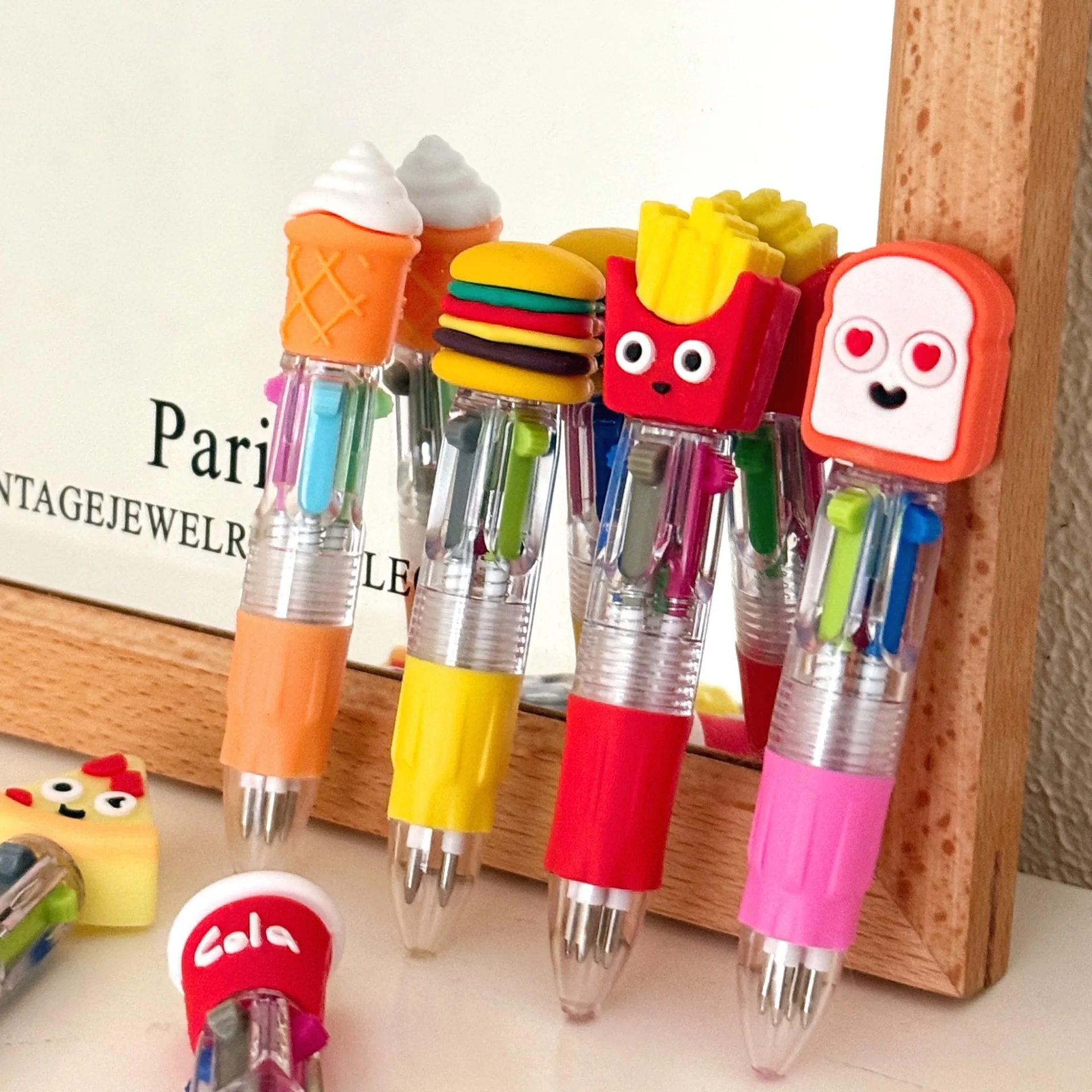 1/6 Pcs Food Cartoon Mini Four-Color Ballpoint Pen Children's Multi-Color Planner Marker Pen Stationery