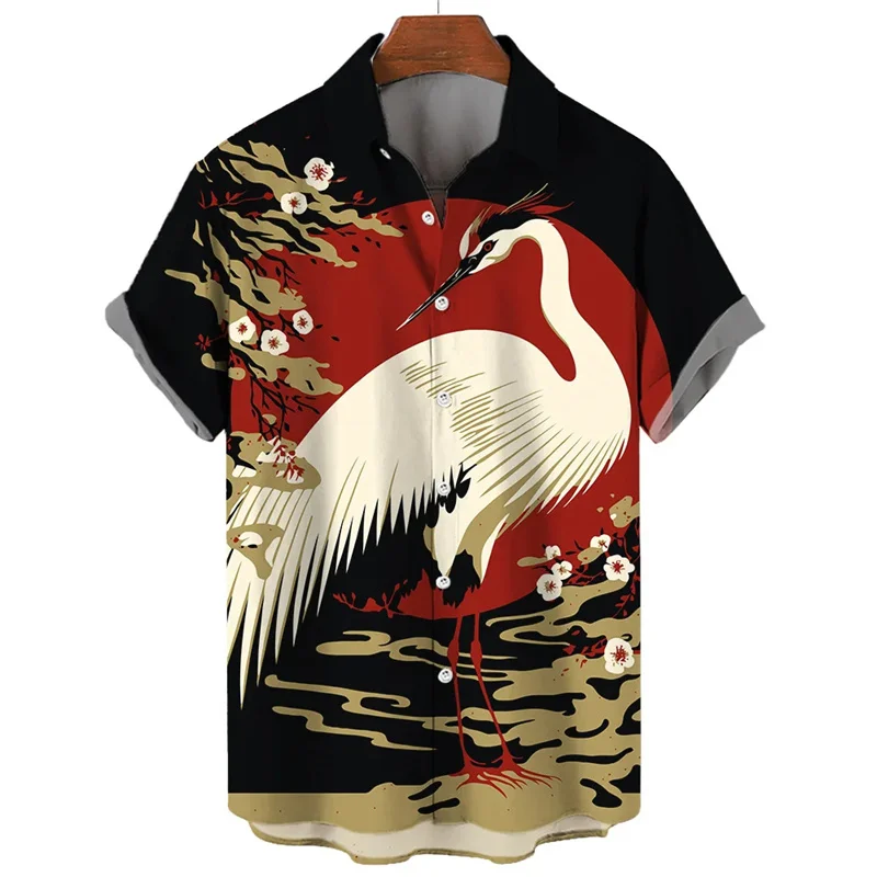 Retro Animal Hawaiian Shirt Men 3d Crane Print Short Sleeved Loose Casual Oversized Shirts Street Harajuku Tops Button Blouse