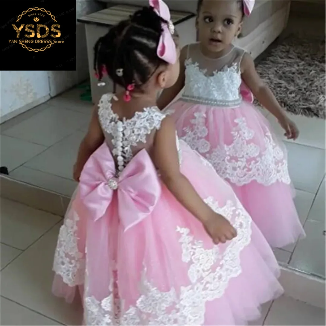 

Pink Lace Ball Gowns Flower Girls Pageant Dresses With Train First Communion Dresses For Weddings Vestidos deminha