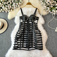 Bohemian Summer Camisole Women Black Bondage Mini Dresses Sexy Hollow Out PU Leather Dress Clubwear Pole Dance Costume 2025 New