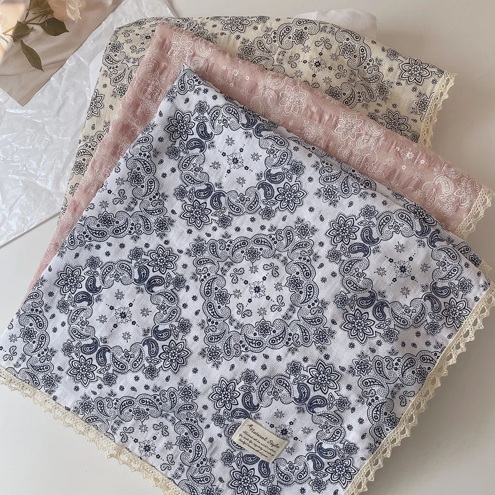 

Japanese Pastoral 100% Pure Cotton Square Scarf 60cm Lace Edge Literary Women's Neck Scarf Breathable Headscarf