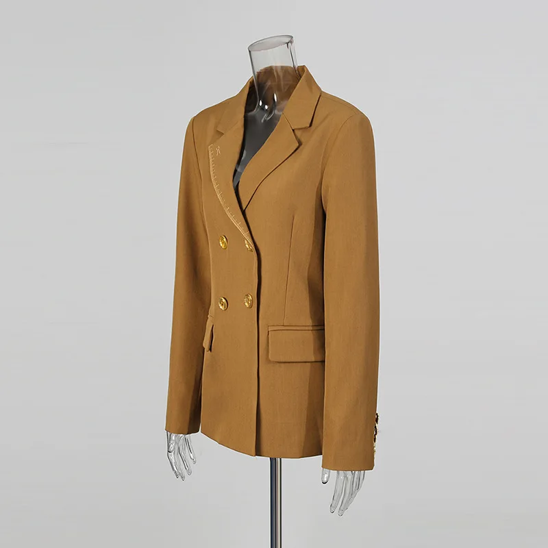 HKSH السترة للنساء جيوب مزدوجة الصدر بدوره إلى أسفل طوق سليم صالح أنيقة مزاجه المد مكتب سيدة نمط معاطف HK10750