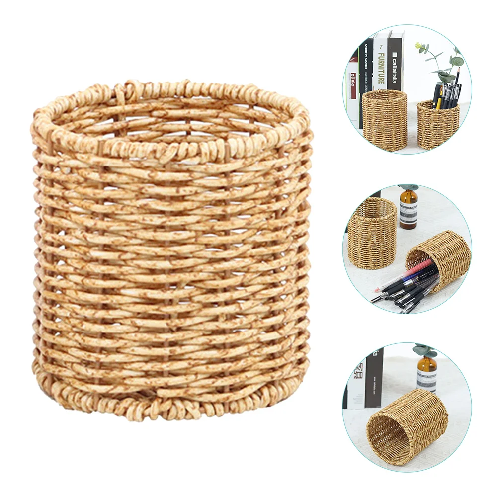 

Pen Holder Storage Baskets Imitation Rattan Pot Pencil Desktop Organizer Stationery Container Penholder Office Plastic