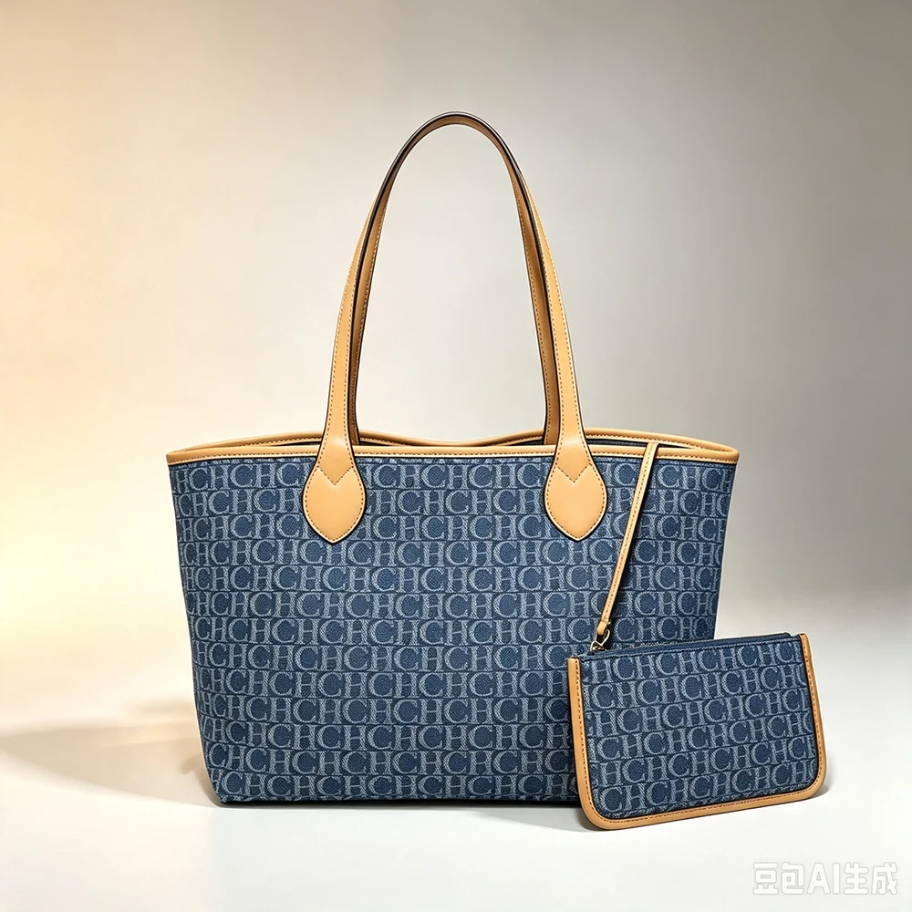 CH Women Reversible 2Way Tote Handbag Denim Jacquard Commute Single Shoulder Bag LargeCapacity with Removable Matching Pouch