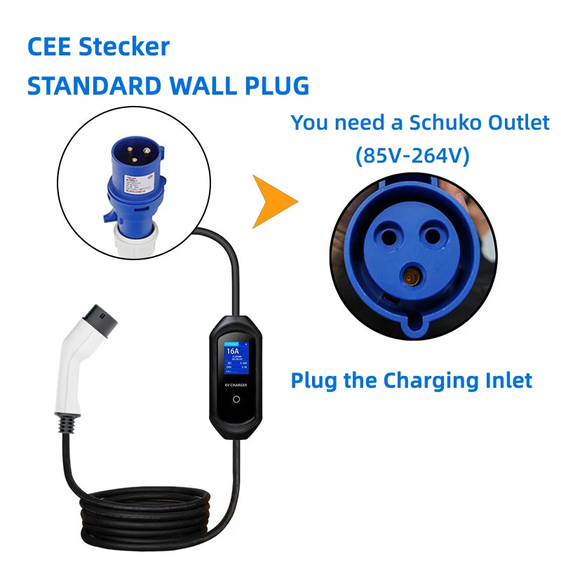 32A 7KW Type2 Portable EV Charger Wallbox IEC-62196 Standard Plug Charging for Eletric Vehicle Cars with Cable 5M