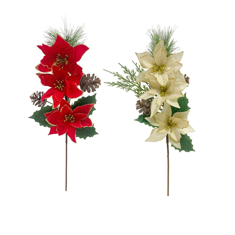 Artificial Christmas flower Poinsettia bush Pine needles Bouquet Christmas decoration fake Flowers home Table Centerpieces Decor