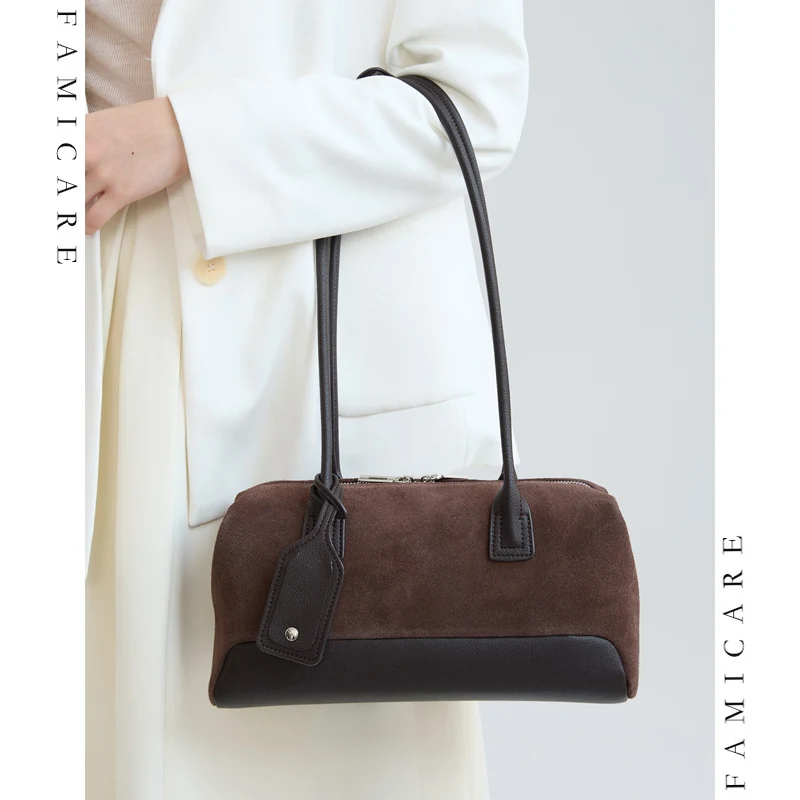 Soft Split Suede Leather Underarm Shoulder Bag Lady Versatile Retro Underarm Handbags Women Timeless Daily Commuter Boston Bag