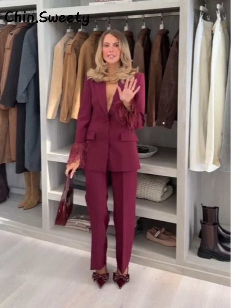 

Уличный женский костюм с перьями, блейзер, брюки, комплект с лацканами, подплечники, куртки с длинными рукавами, прямые брюки с карманами, осенний женский костюм 2023 г.