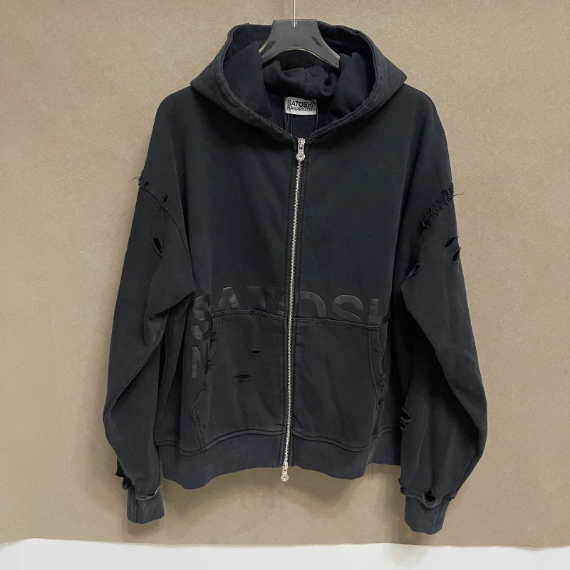 Unisex Satoshi Distressed Zip Hoodie Vintage Black Wash Broken Hole Oversized Street Hooded Coat