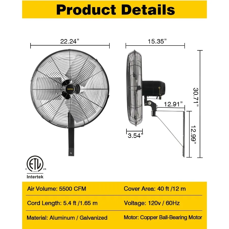 مروحة تثبيت على الحائط مقاس 20 بوصة تتأرجح 5500 CFM مراوح صناعية عالية السرعة مع 3 سرعات لورش عمل مستودع المرآب Cov #2