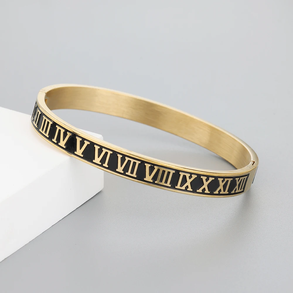 Men And Women Stainless Steel Gold Plating Couples Bracelet Carving Roman Numerals Lover Bangle Wedding Jewelry