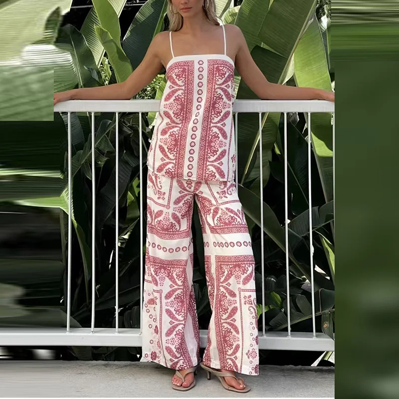 

Women Fashion Loose Bohemian Outfit Summer Hollow Out Sling Top with Pants Beach Suit 2025 Casual Pattern Print Sleeveless Set