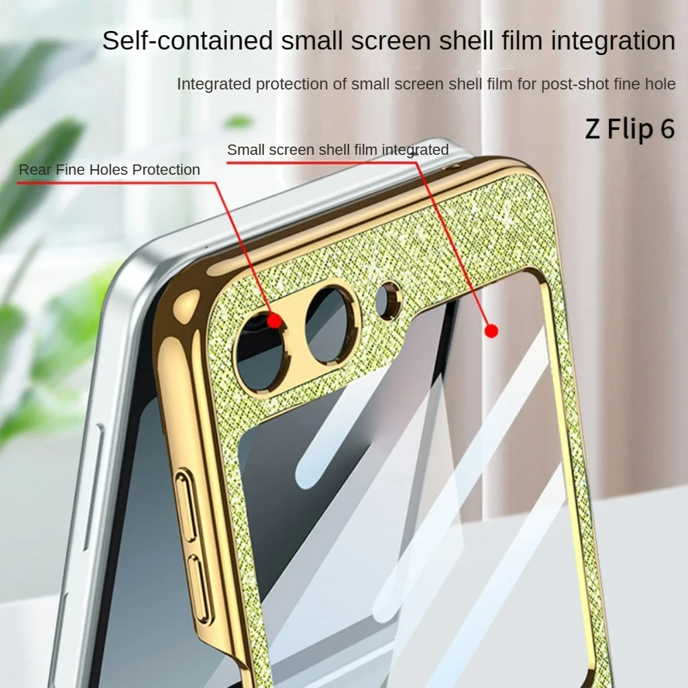 Luxury Sparkling Color Plain Leather Ring Bracket Case for Samsung Galaxy Z Flip 6 with Mirror Film Protection Cover Accessories
