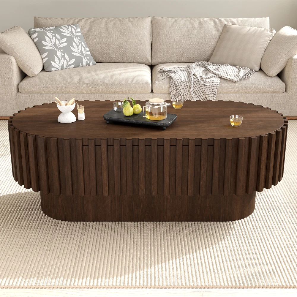 Tavolino da caffè ovale in legno, stile minimalista scandinavo, dimensioni complessive 100 × 50 × 35,5 cm, tavolino da salotto con pratica cassetto contenitore, elegante frontale decorativo a listelli