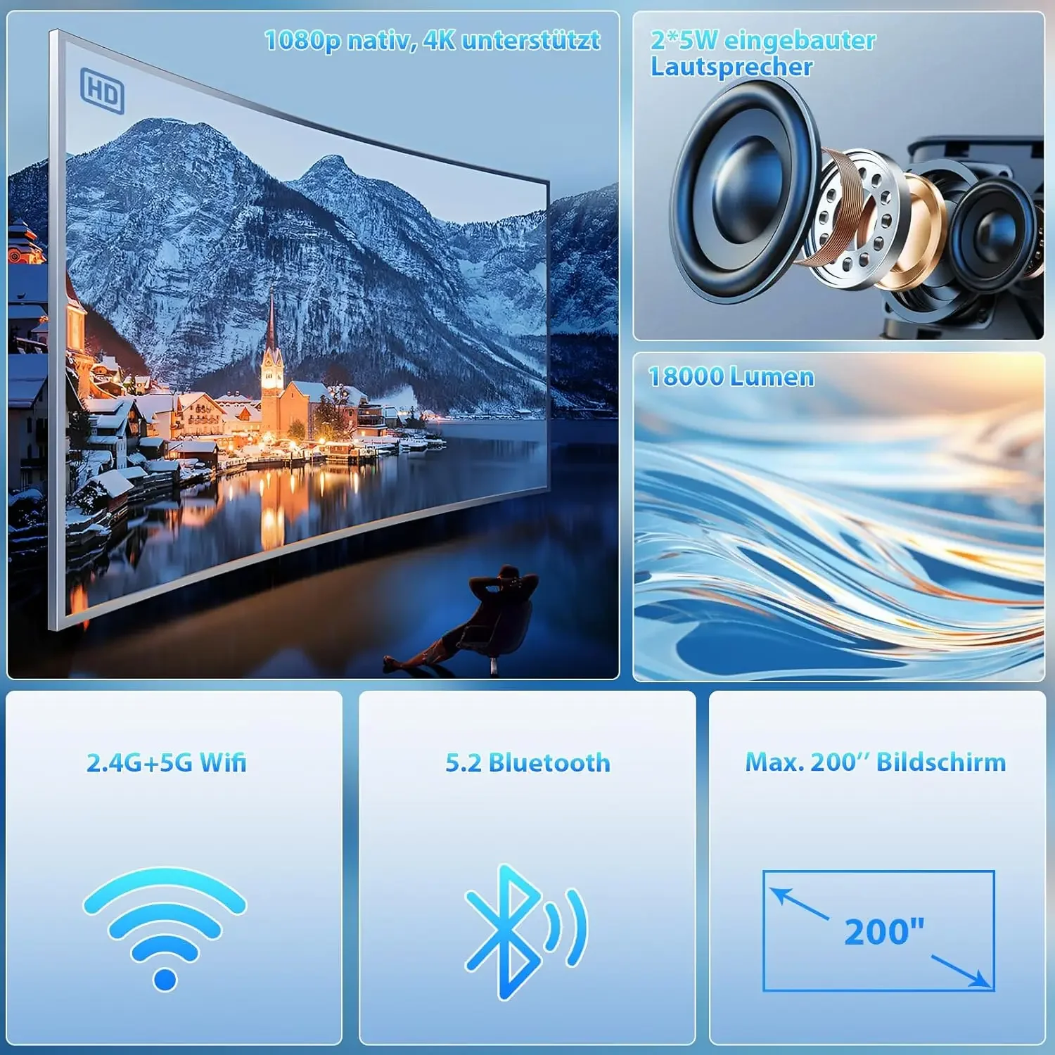 Wielio 1080P Heimkino Beamer, Bluetooth und WiFi aktiviert, Eingebauter Sound, Kompatibel mit iOS/Android/PC/HDMI/USB/X-BoX