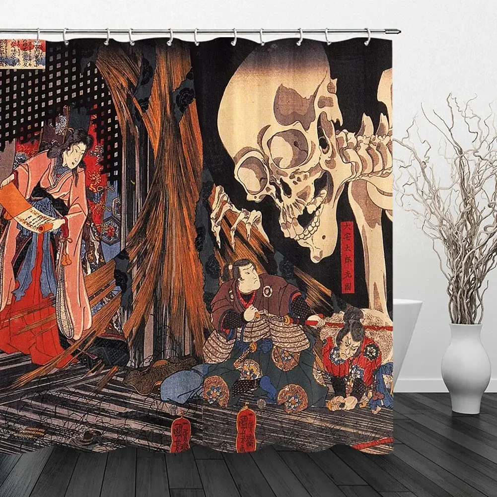 Japanese Ukiyoe Colorful Octopus Monster Koi Fish Waves Samurai Red Sun Unique Waterproof Fabric Shower Curtain With Hooks