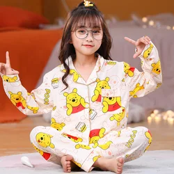 Disney Winnie The Pooh Children's Pajamas Set Lapel Cardigan Long Sleeve Girls Children Cute Cartoon Female Baby Homewear Set