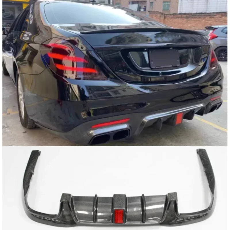 For Mercedes-Benz W222 S-Class S63 S65 AMG 2018-2020 Real Carbon Fiber Rear Bumper Lip Diffuser Spoiler With Exhaust Tips